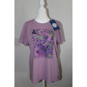 NWT Life Is Good Womens T-Shirt Purple Floral Positive Energy Crusher Tee Size L